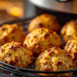 Plate of 3 Ingredient Air Fryer Sausage Balls ready to serve.