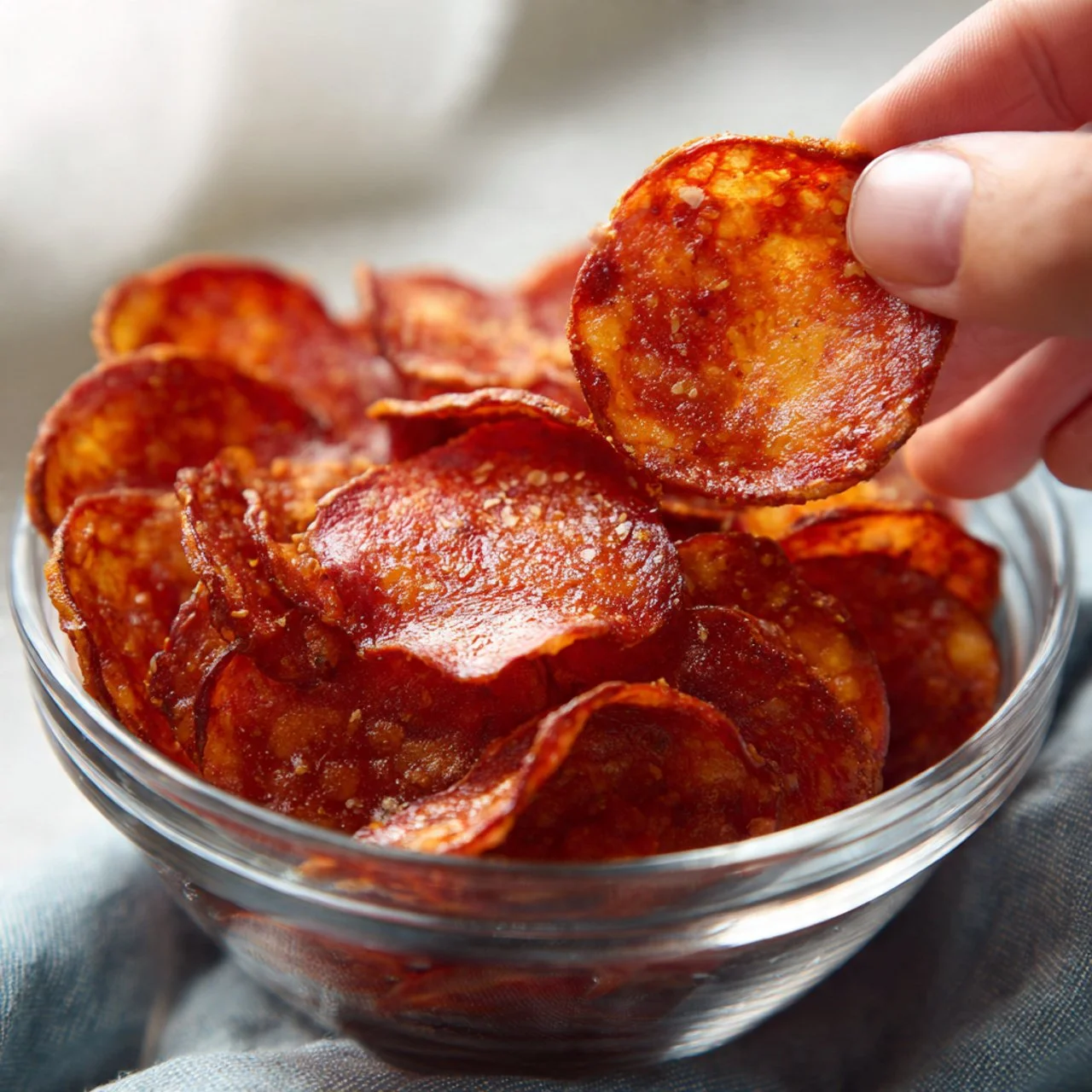 Crispy air fryer pepperoni chips served in a bowl, perfect low carb snack.
