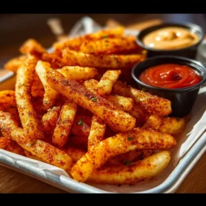 Plate of crispy baked cottage cheese fries served with dipping sauce