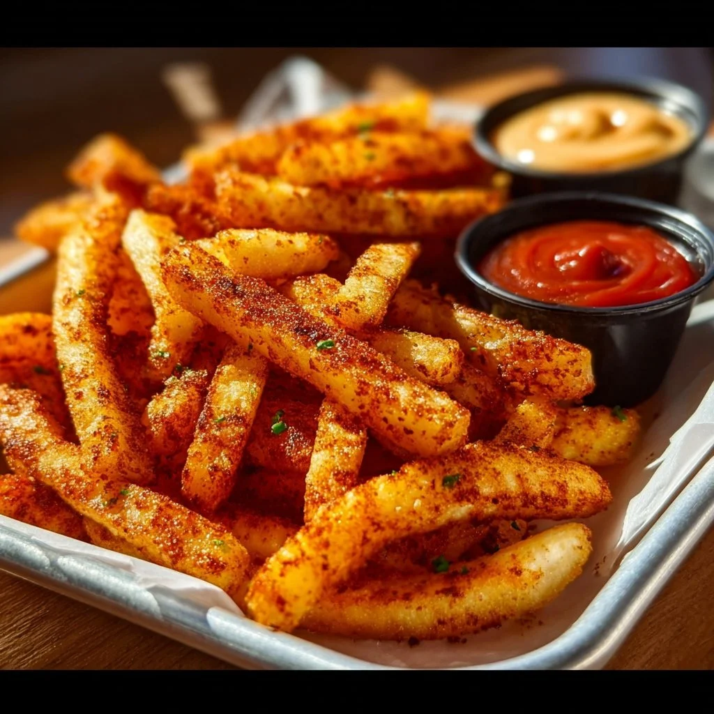Plate of crispy baked cottage cheese fries served with dipping sauce