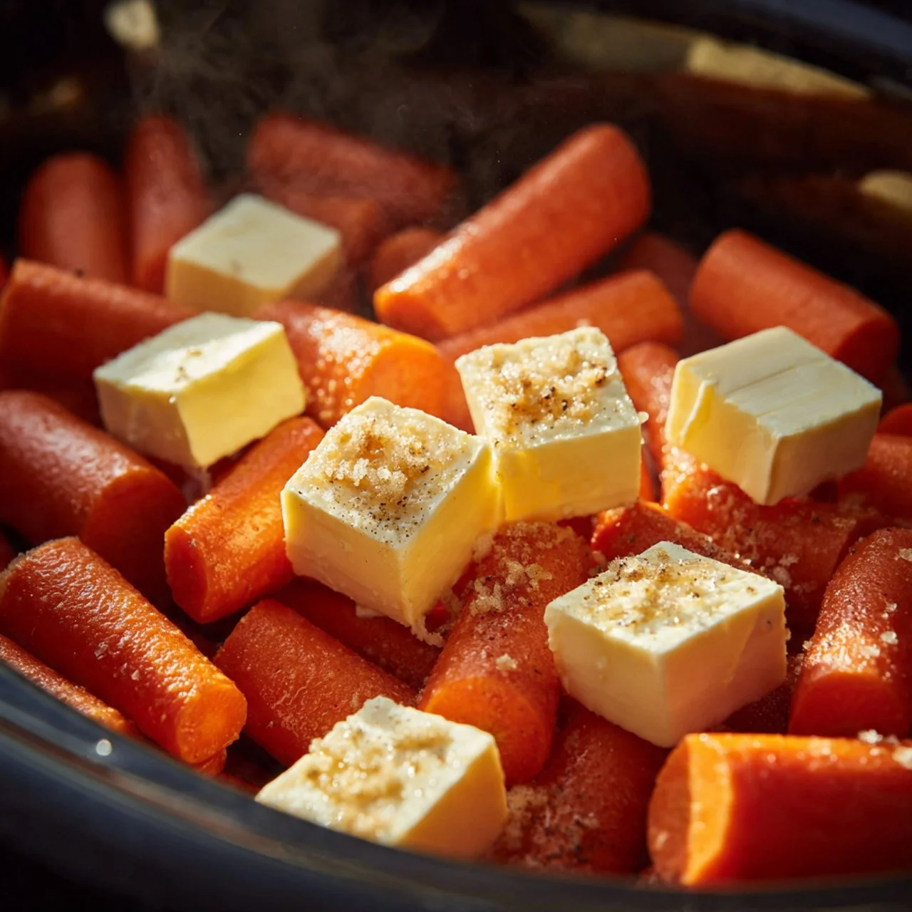 Delicious slow cooker maple and brown sugar glazed carrots on a plate