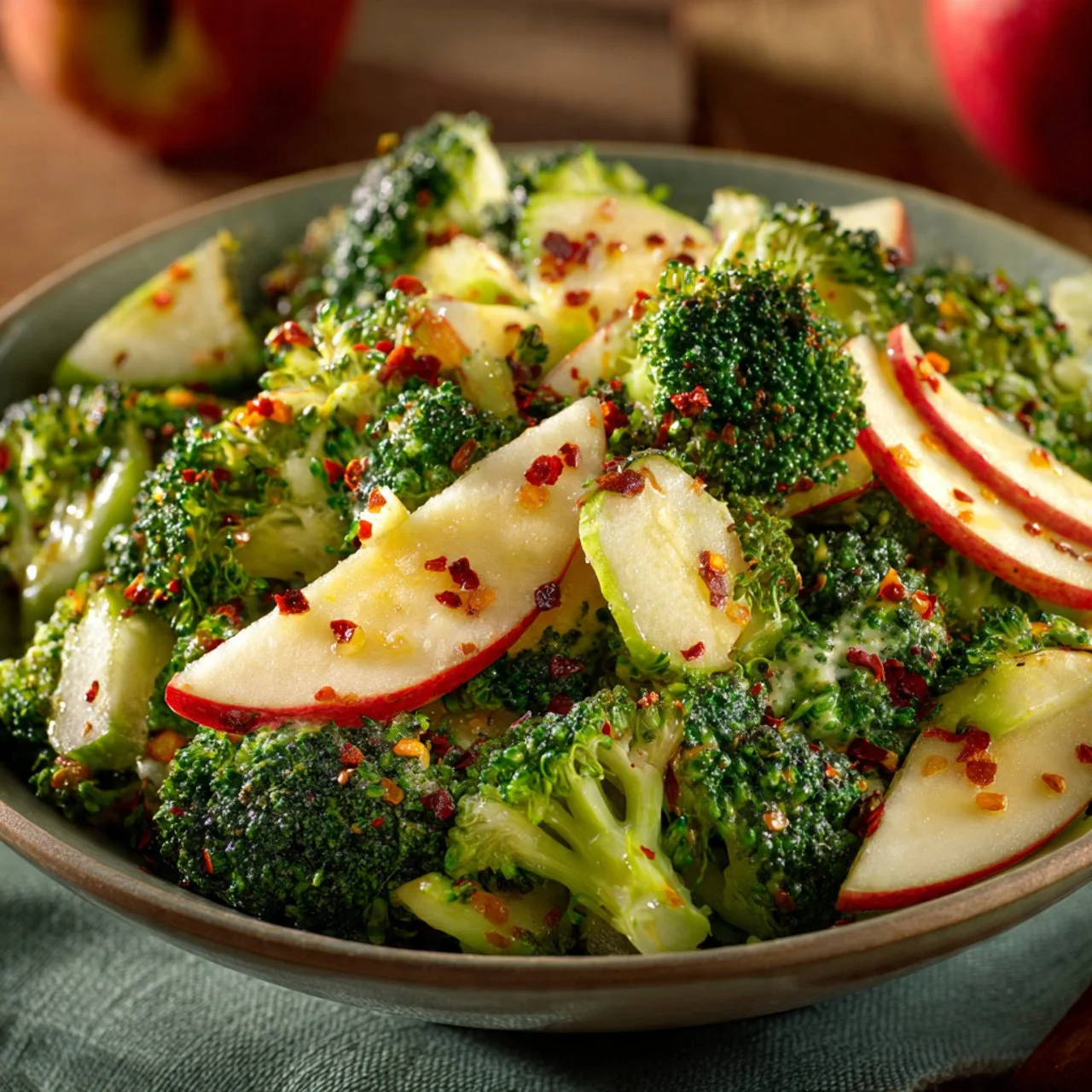Fresh and colorful Apple Broccoli Salad with nuts and dressing