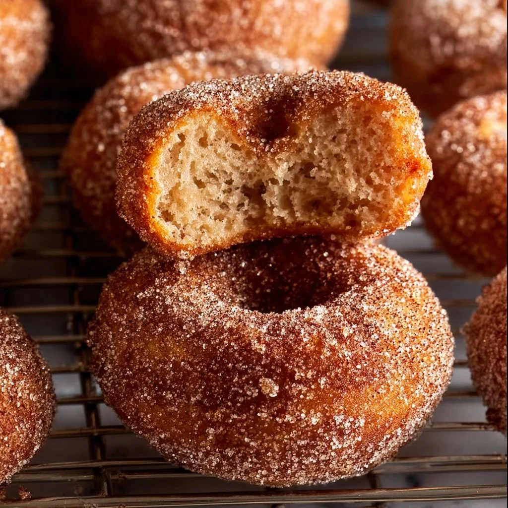 Apple cider sourdough doughnuts served on a plate with a sprinkle of cinnamon.