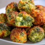 Baked broccoli cheese balls on a plate, golden and crispy.