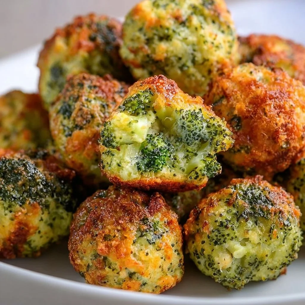 Baked broccoli cheese balls on a plate, golden and crispy.