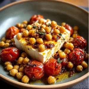Baked feta chickpeas dish garnished with herbs and served in a bowl.