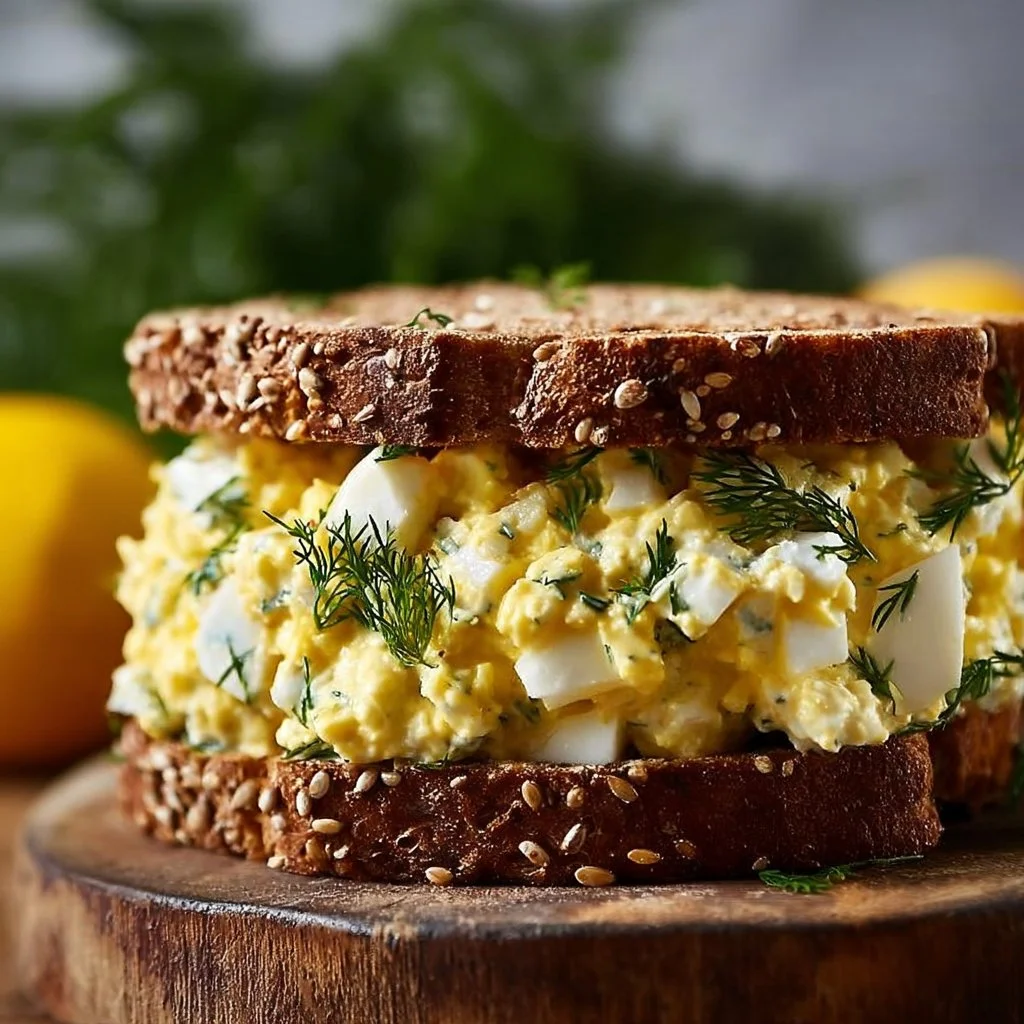 Delicious cottage cheese egg salad sandwich on a rustic wooden table.