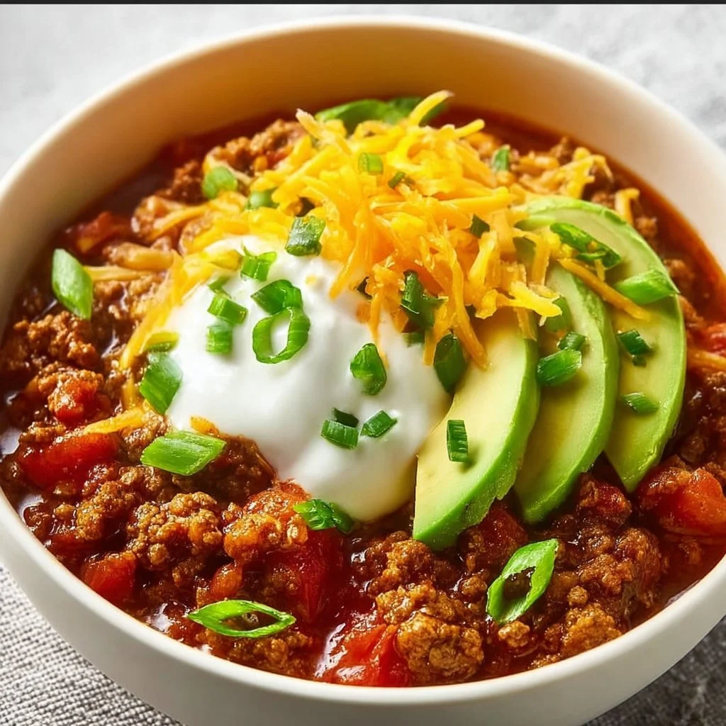 Bowl of Best Keto Crock Pot Chili topped with herbs and cheese
