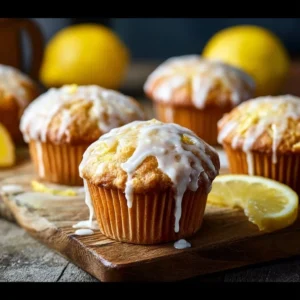 Bright and zesty glazed sourdough lemon muffins topped with glaze