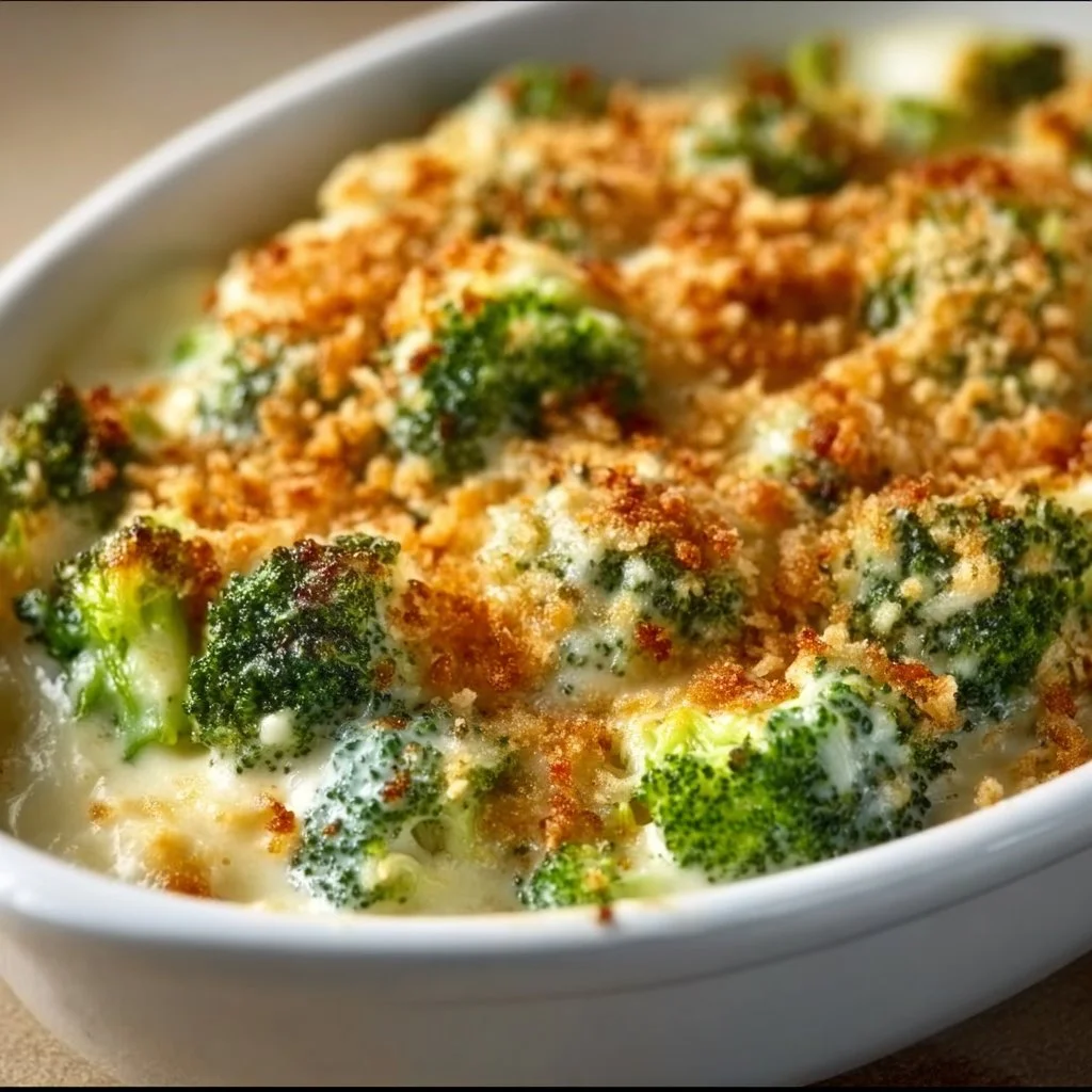 Cheesy broccoli casserole baked to perfection with creamy cheese sauce and tender broccoli florets.