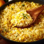 Delicious buttered corn rice served in a bowl, garnished with herbs.