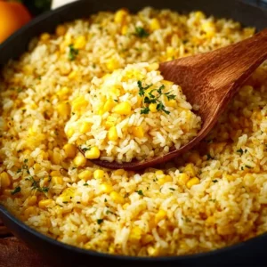 Delicious buttered corn rice served in a bowl, garnished with herbs.