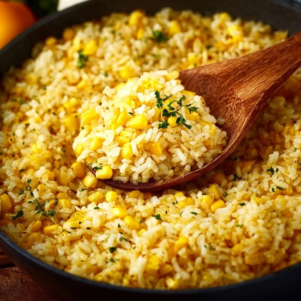 Delicious buttered corn rice served in a bowl, garnished with herbs.