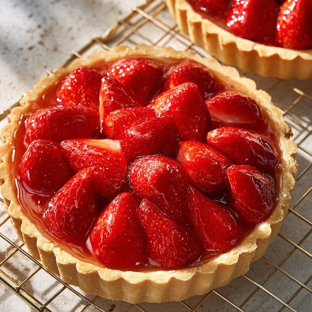 Buttery strawberry tart with fresh strawberries on a flaky crust.