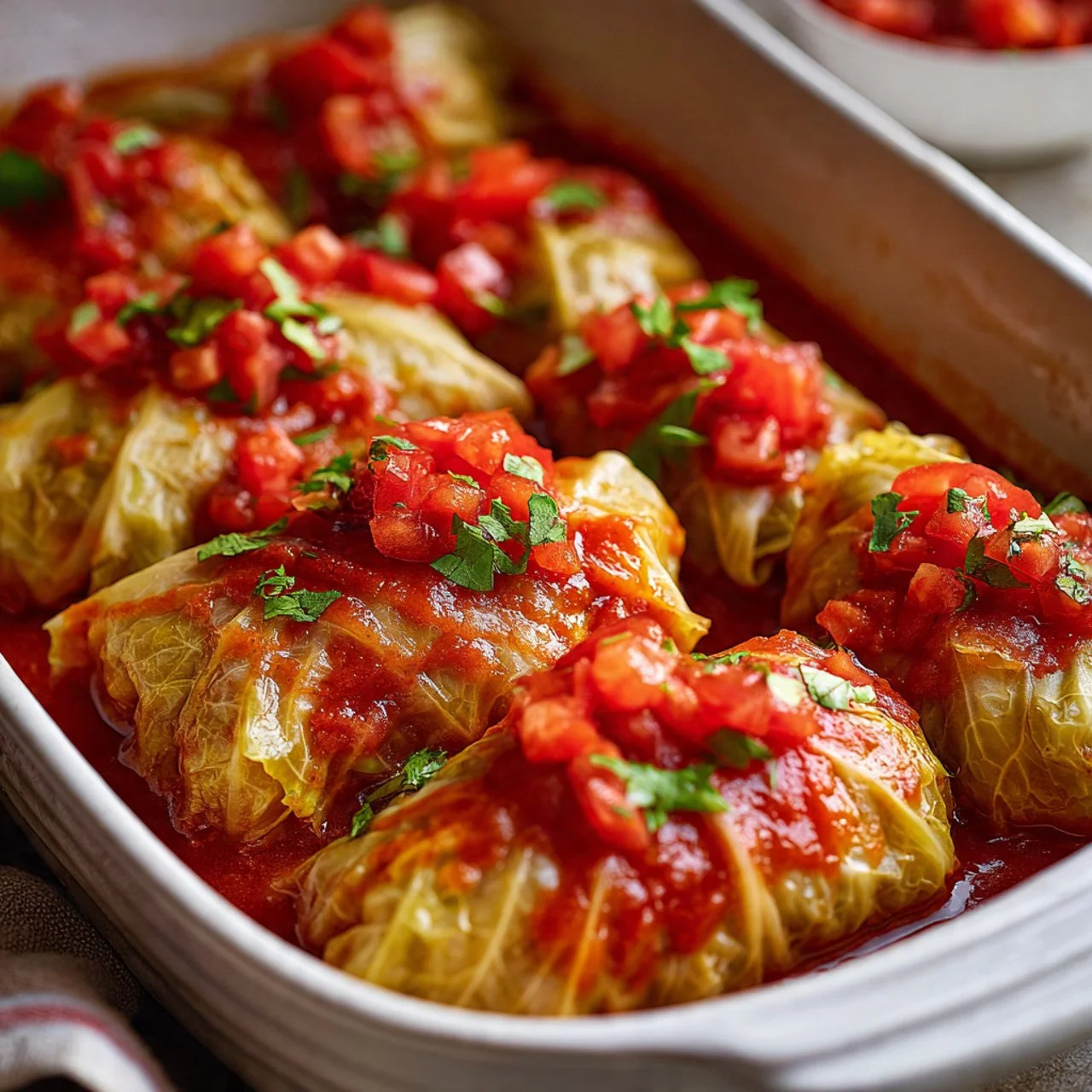 A plate of freshly made cabbage rolls filled with rice and ground meat