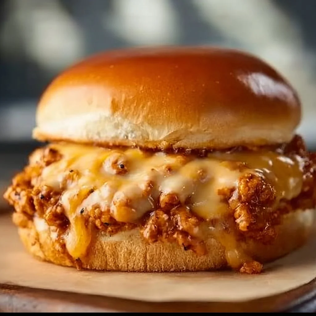 Delicious Cajun Chicken Sloppy Joes served with pickles on a bun.