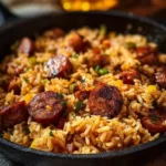 Cajun Sausage and Rice Skillet topped with herbs and spices.