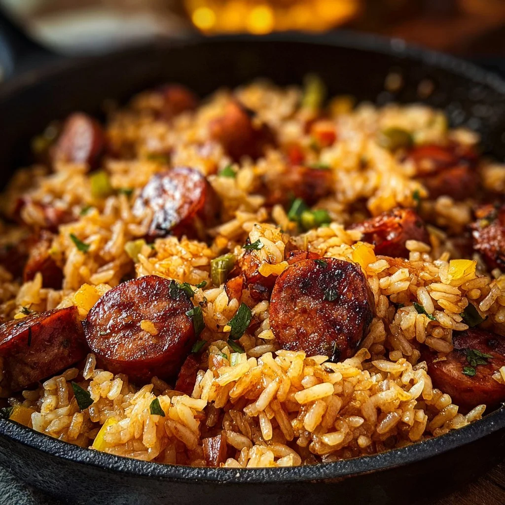 Cajun Sausage and Rice Skillet topped with herbs and spices.