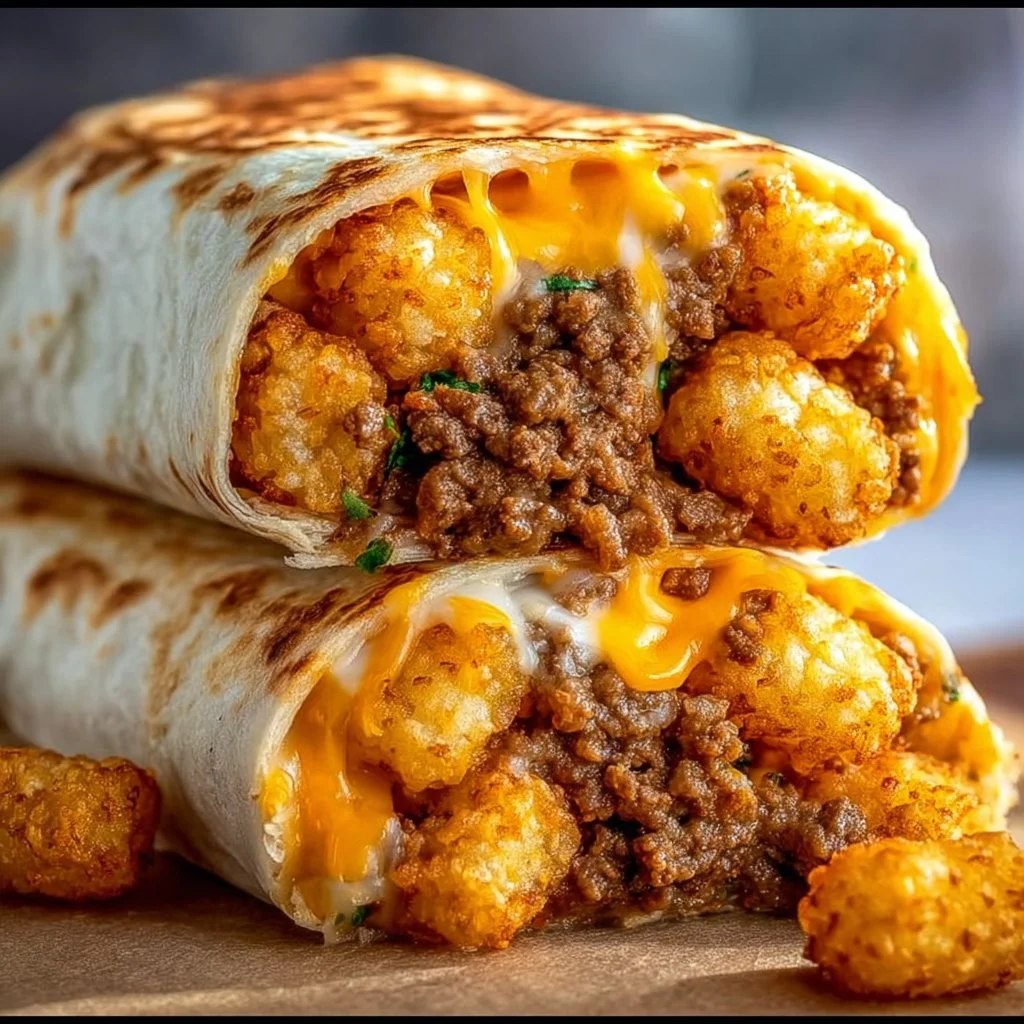 Cheesy potato burritos with melted cheese and seasoned potatoes wrapped in a tortilla.
