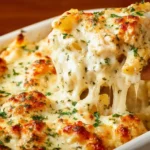 Delicious Chicken Alfredo Bake topped with cheese and herbs, served in a casserole dish.