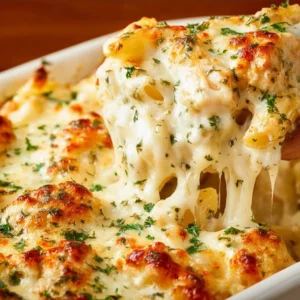 Delicious Chicken Alfredo Bake topped with cheese and herbs, served in a casserole dish.