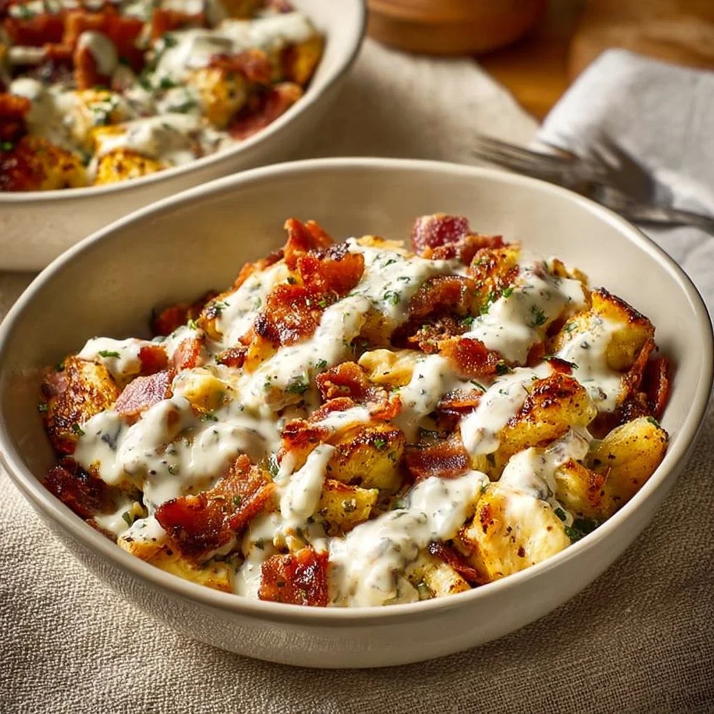 Delicious Chicken Bacon Ranch Keto Bowl with crispy bacon and fresh ingredients