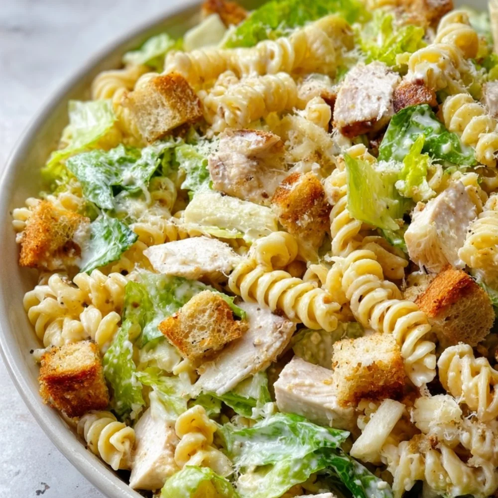 Chicken Caesar Pasta Salad with grilled chicken, romaine, pasta, and Caesar dressing