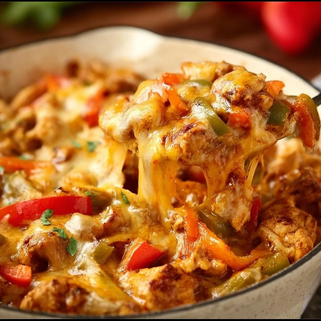 Cheesy Chicken Fajitas Casserole with peppers and onions baked in a dish