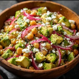 Chickpea Feta Avocado Salad with fresh ingredients in a bowl