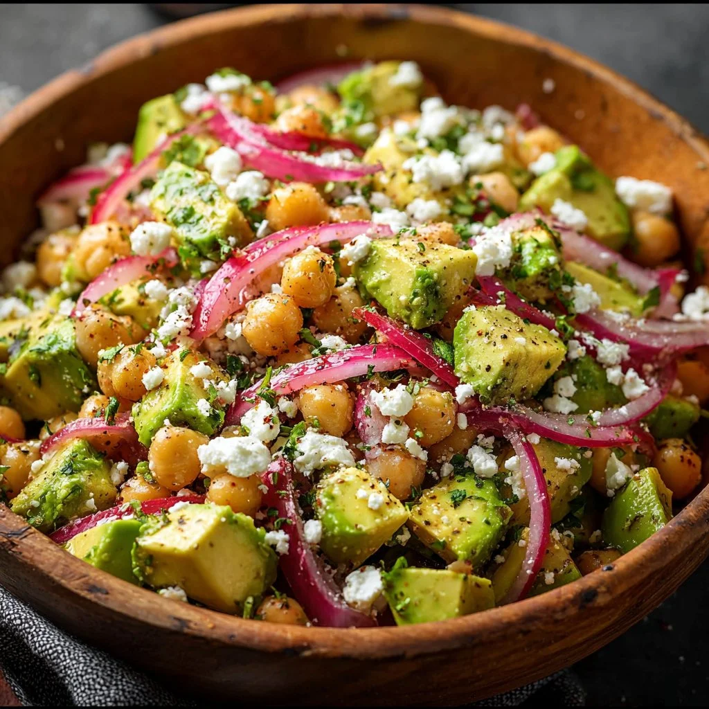 Chickpea Feta Avocado Salad with fresh ingredients in a bowl