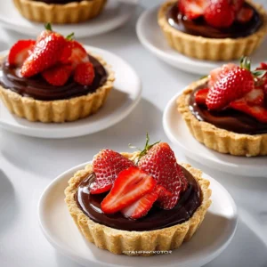 Decadent chocolate strawberry tarts with fresh strawberries and chocolate drizzle