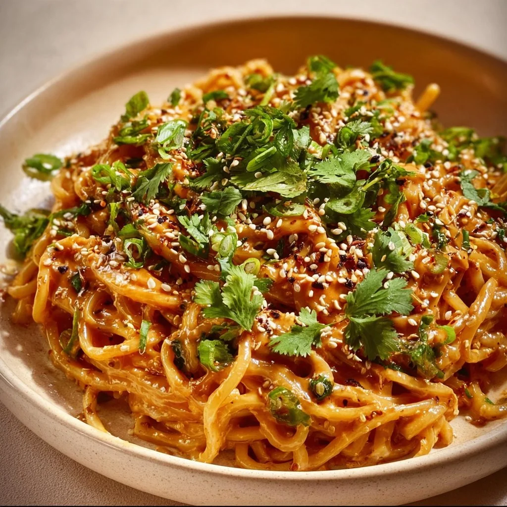 Plate of Cold Sesame Noodles with a drizzle of Spicy Peanut Sauce on top.