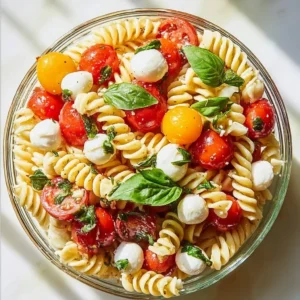 Colorful Caprese Pasta Salad with tomatoes, basil, and mozzarella.