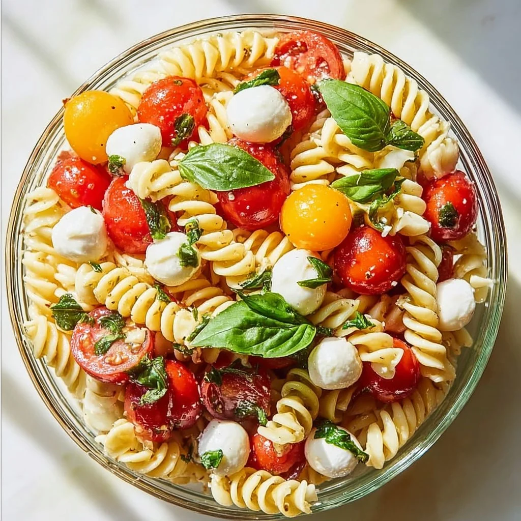 Colorful Caprese Pasta Salad with tomatoes, basil, and mozzarella.