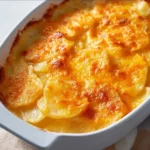 Creamy Velveeta scalloped potatoes served in a dish, perfect comfort food.