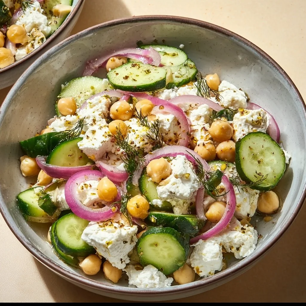 A colorful Cottage Cheese Chickpea Salad Bowl filled with fresh ingredients.