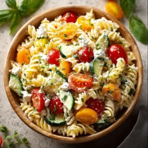 A colorful bowl of cottage cheese pasta salad with fresh vegetables.