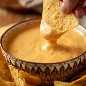 Cottage cheese queso dip served in a bowl with tortilla chips