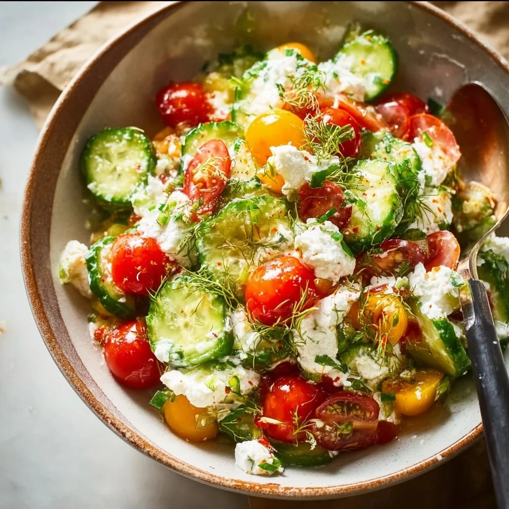 A delicious cottage cheese salad with fresh vegetables and herbs.