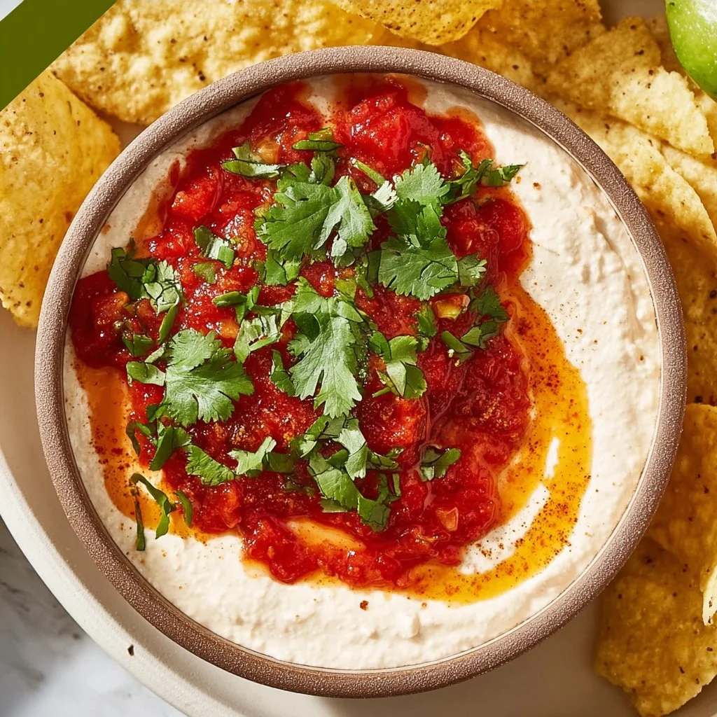 Creamy Cottage Cheese Taco Dip served with tortilla chips and fresh veggies