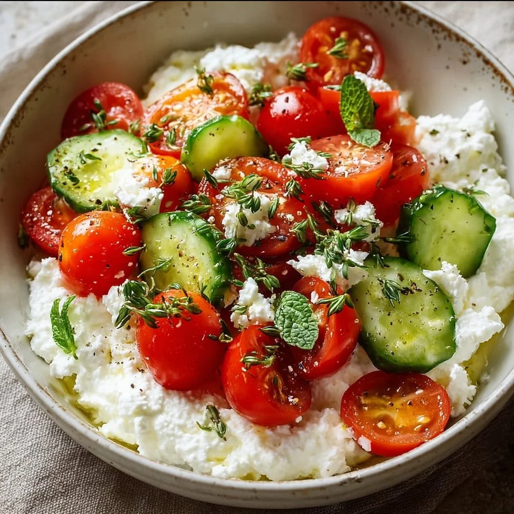 Cottage cheese and tomato bowl recipe, healthy snack idea