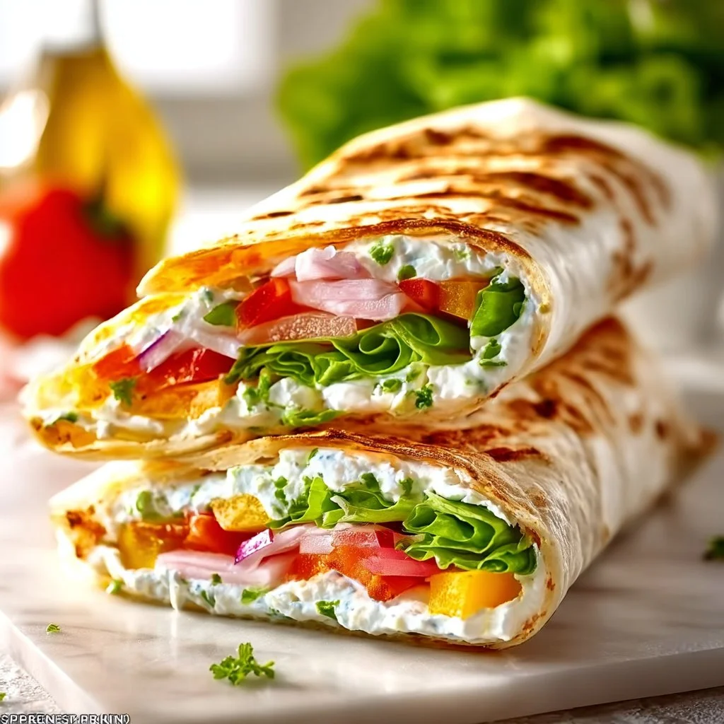 Healthy cottage cheese wraps with fresh vegetables and herbs.