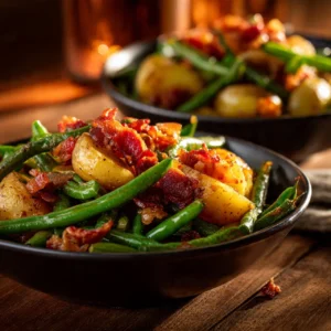 Country Ranch Green Beans and Potatoes with Bacon served in a rustic bowl