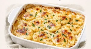 Baked creamy cheesy scalloped potatoes with golden cheese and layered potatoes