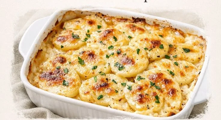 Baked creamy cheesy scalloped potatoes with golden cheese and layered potatoes