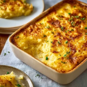 Creamy Irish potato casserole served in a baking dish with fresh herbs on top.