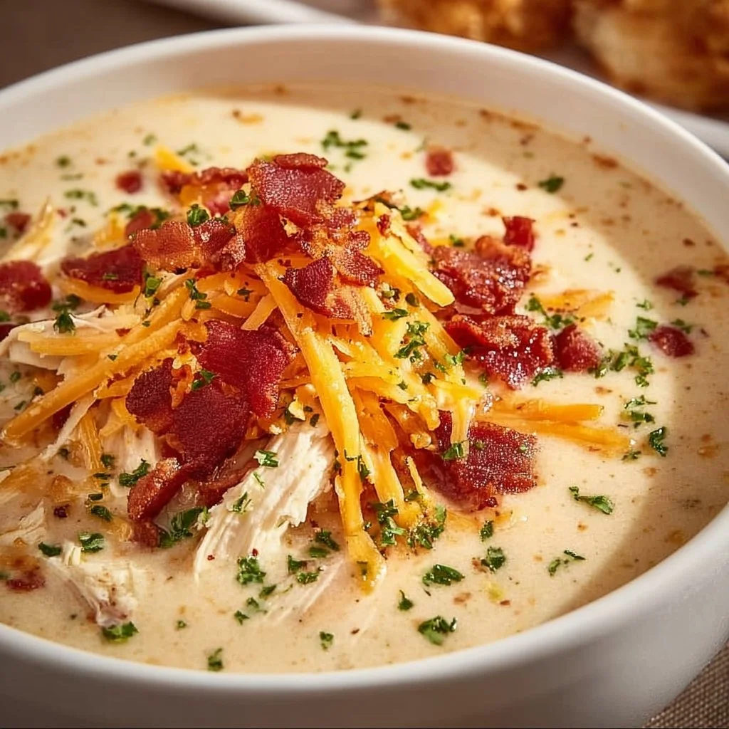 Bowl of creamy keto chicken cream cheese soup with herbs garnish