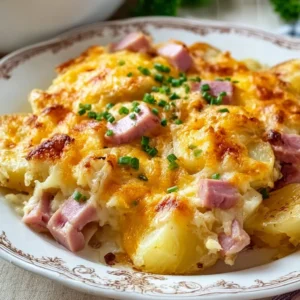Creamy leftover ham potato casserole in a baking dish, garnished with herbs.
