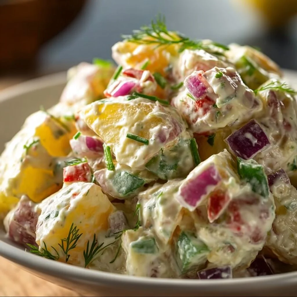 Delicious creamy potato salad served in a bowl with fresh herbs