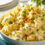 Creamy potato salad with herbs and spices in a serving bowl